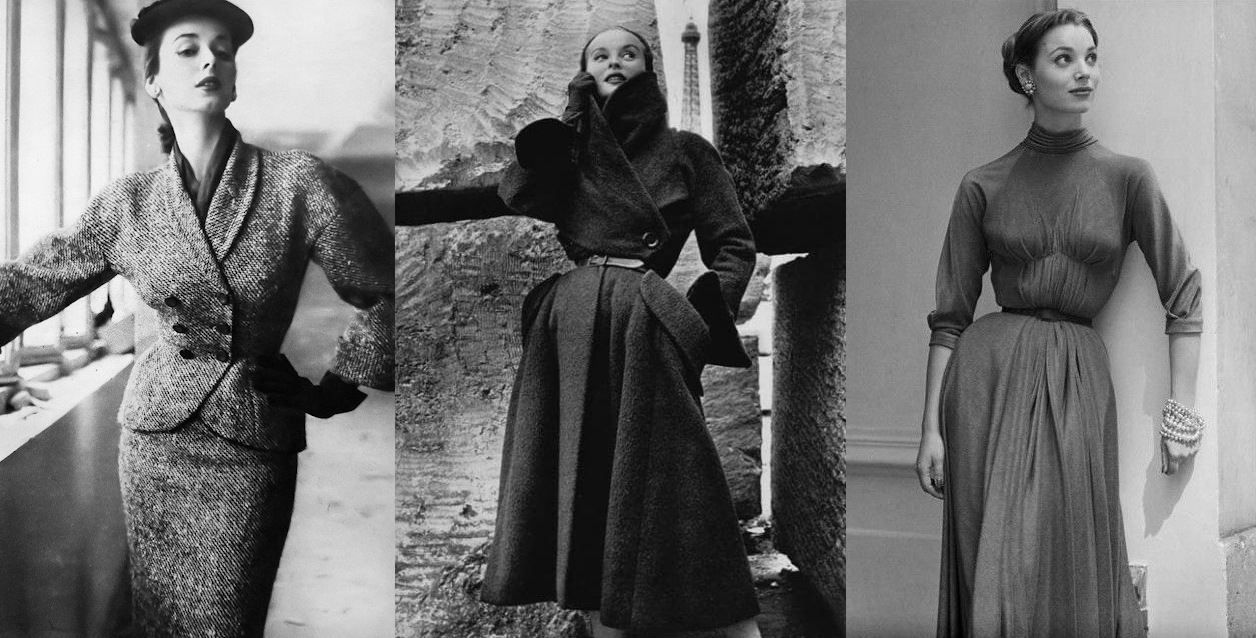 black & white photos, left: woman wearing a wasp-waist double-breasted tweed skirt suit, middle: woman wearing a winter coat with a very wide and tall collar enveloping her head and neck, right: woman wearing a long-sleeve turtle-neck dress with pleating under the bust, giving a somewhat Grecian appearance